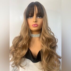 Balayage dark Roots Medium ash Blonde with bangs Wig 22 Inch